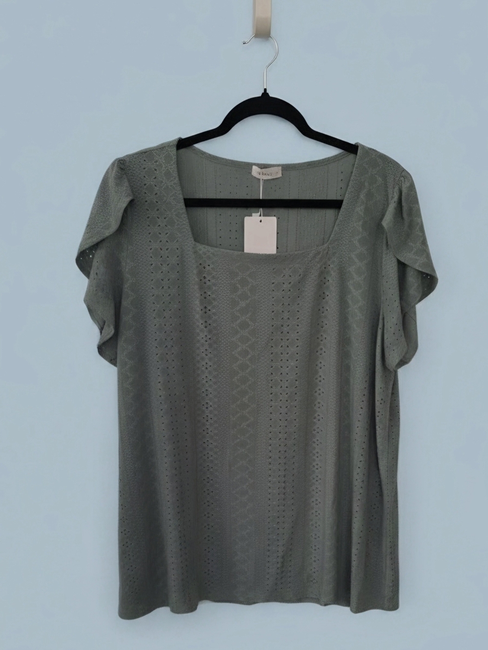 SHEIN Sage Green Eyelet Square Neck Flutter Sleeve Tee